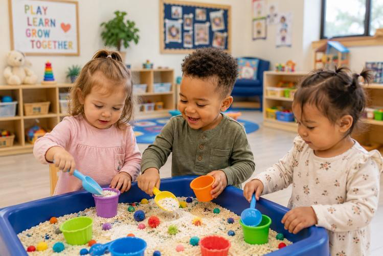 Toddlers exploring a sensory table with colorful cups at CMCC