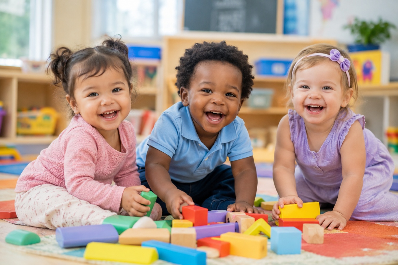 Three smiling toddlers playing with colorful wooden blocks at CMCC